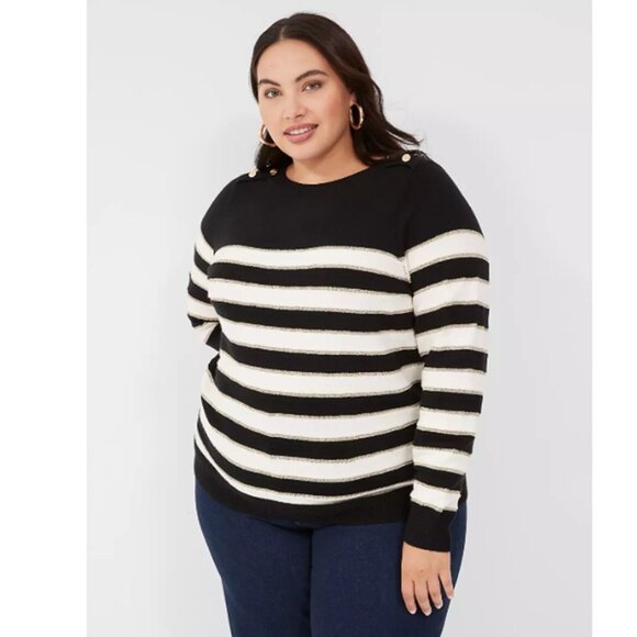Lane Bryant Sweaters - LANE BRYANT NWT Size 18/20 Black White Long Sleeve Crew Sweater Neck Button Gold